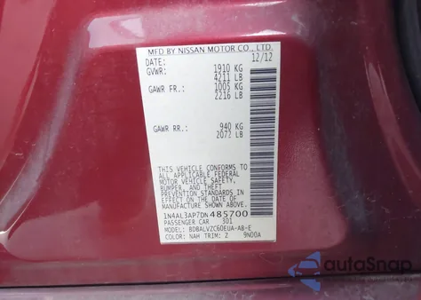 2013 Nissan Altima 2.5 Sl from USA, damaged, VIN 1N4AL3AP7DN485700